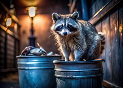Desaturated nighttime image of a curious raccoon searching for food in isolated trash cans with worn out surfaces