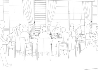 Outline of people sitting in restaurant on chairs and sofa from black lines isolated on white background. Restaurant interior. Perspective view. Vector illustration.