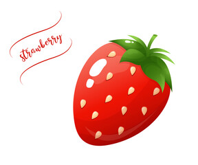 Red strawberry and green leaves. Fresh fruit.  White background. Illustration with text. Freshness, sweetness, and health. Great fit for packaging design, children’s products, home decor & gifts