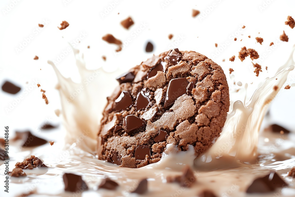 Poster chocolate chip cookie splashing into milk creating a delicious and decadent scene.