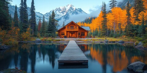 Obraz premium Wooden Cabin with Dock on a Still Lake in a Mountain Forest