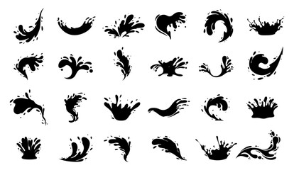 Water drops and splash silhouette collection in simple doodle style. Set different liquid shapes and silhouette.