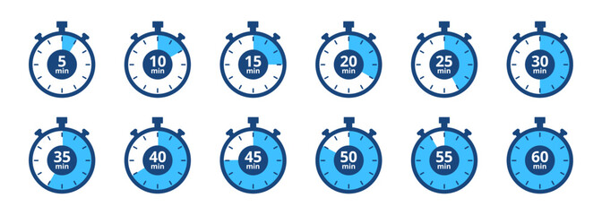 Stopwatch timer set, 5-minute clock on white background. Set of timers. Stopwatch icons. Countdown 5, 10, 15, 20, 25, 30, 35, 40, 45, 50, 55, 60 minutes - Vector Icon
