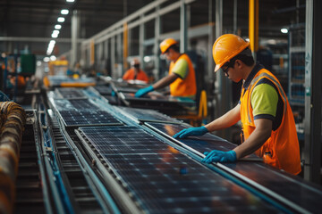 Engineers in high visibility vests working on a production line, assembling and checking the quality of solar panels