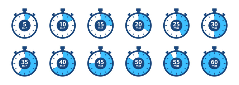 Stopwatch timer set, 5-minute clock on white background. Set of timers. Stopwatch icons. Countdown 5, 10, 15, 20, 25, 30, 35, 40, 45, 50, 55, 60 minutes - Vector Icon