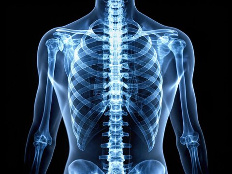 Detailed X-ray image of a severe scoliosis spine, showcasing curvature of the thoracic and lumbar regions, with vertebrae misaligned and ribs overlapping.