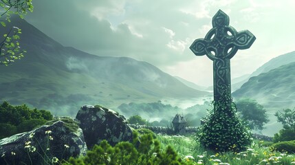 Ornate Celtic Cross Overlooking Misty Irish Countryside Landscape