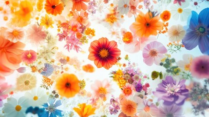 Obraz premium A beautiful kaleidoscope of floral shapes and vibrant colors swirling on a white backdrop, celebrating the diversity of flowers