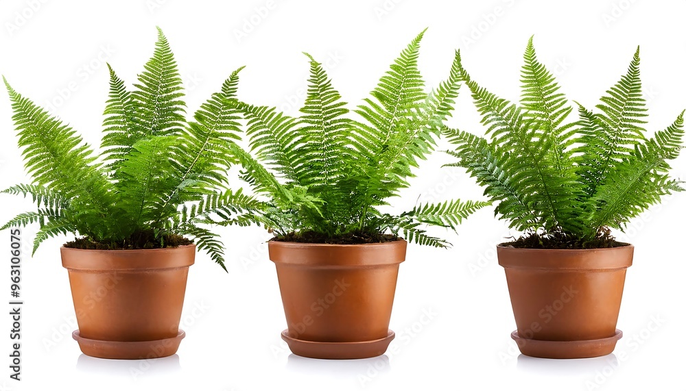 Poster full depth of field in clipping path for potted ferns- - ferns in pots isolated with precis