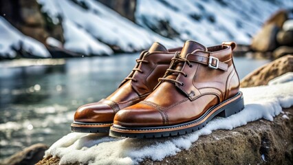 Waterproof and rugged, these brown shoes showcase a unique tuxedo-inspired design, highlighted by white accents and