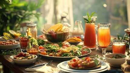 A table full of fresh, healthy meals and drinks, digitally rendered with realistic computer graphics and a lifelike backdrop