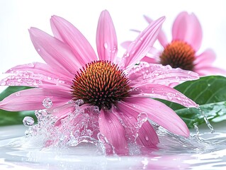 Close up of a pink coneflower falling into water.
