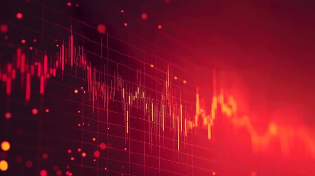 red-themed financial graph showing a stock market decline with fluctuating lines and data points. The abstract visualization captures the volatility of financial markets and is ideal for business and 