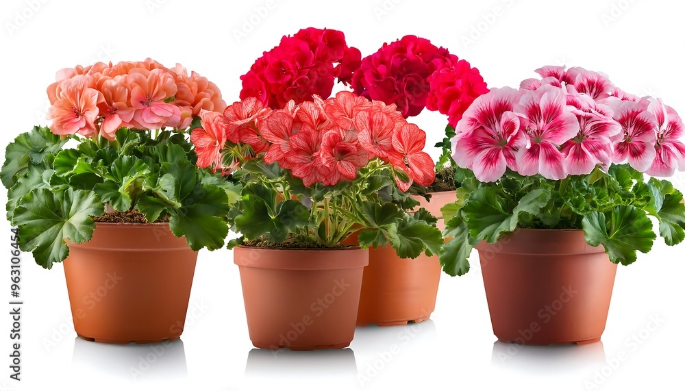 Poster full depth of field in clipping path for potted geraniums- - geraniums in pots isolated with
