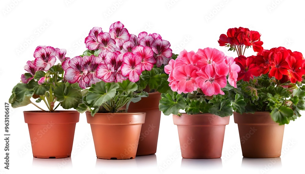 Poster full depth of field in clipping path for potted geraniums- - geraniums in pots isolated with