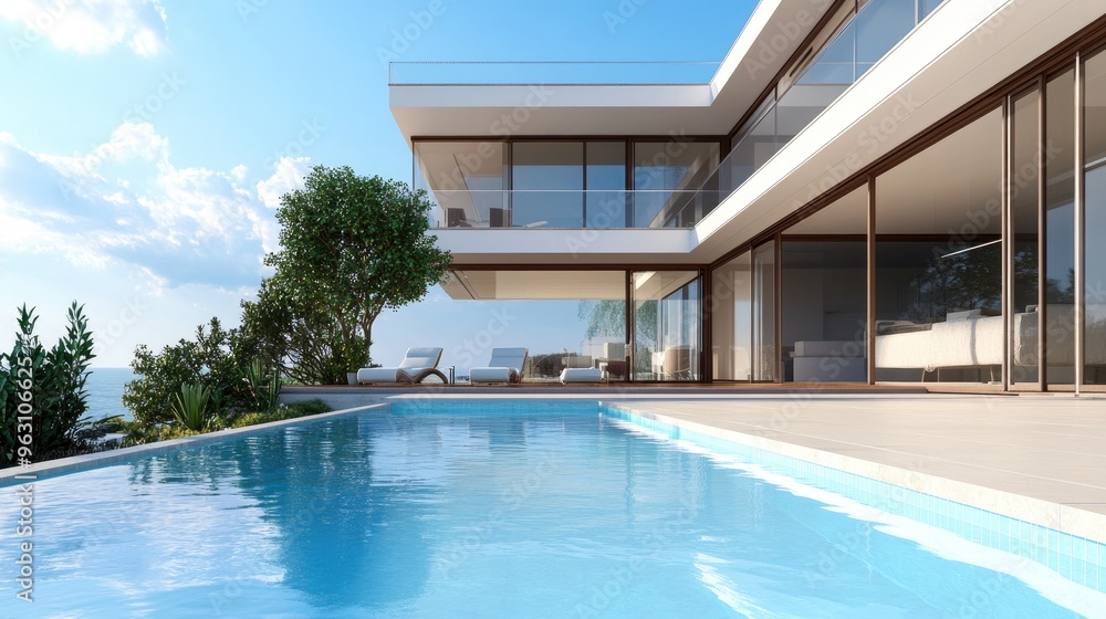 Poster beautiful house with a front swimming pool, depicted in a realistic digital rendering using advanced