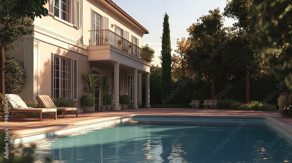 Poster beautiful digital rendering of a house featuring a front swimming pool, set against a realistic back
