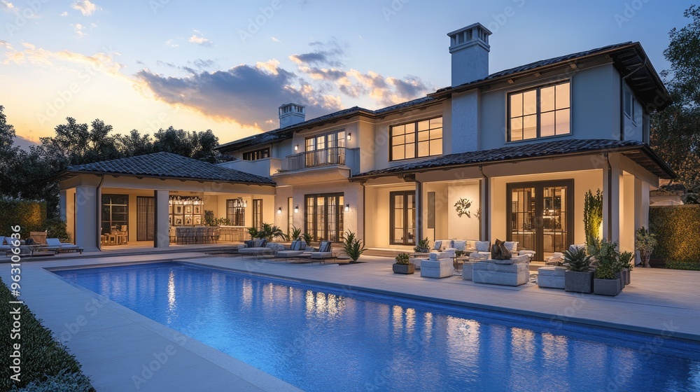 Poster beautiful digital rendering of a house featuring a front swimming pool, set against a realistic back