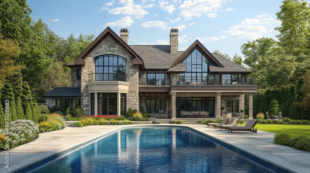 Poster beautiful house with a front swimming pool, depicted in a realistic digital rendering using advanced