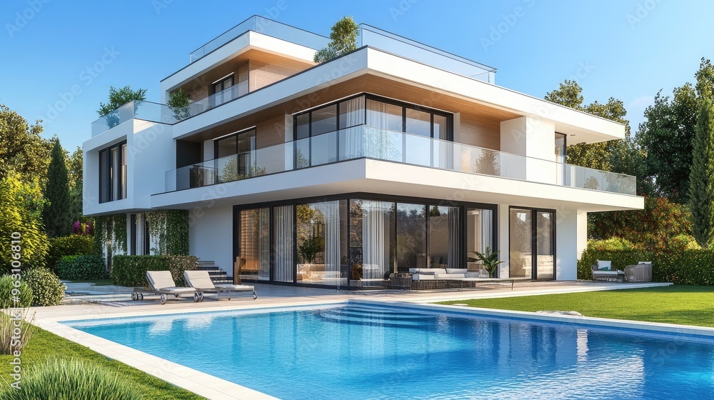 Poster beautiful modern house with a front swimming pool, depicted in high-detail computer graphics and rea