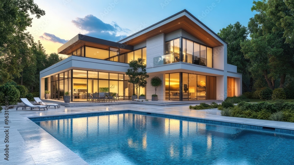 Poster beautiful modern house with a front swimming pool, depicted in high-detail computer graphics and rea