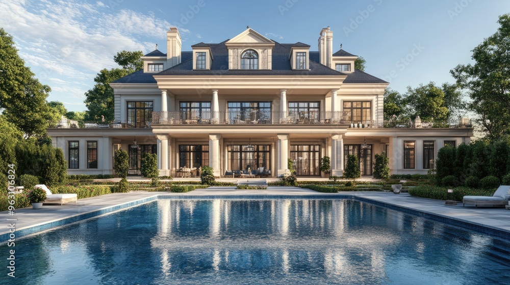 Poster digital rendering of a luxurious house with a front-facing swimming pool, set against a realistic ba
