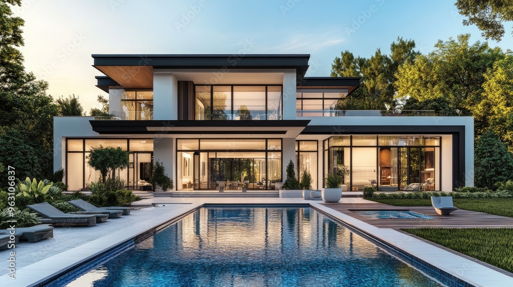 Poster beautiful modern house with a front swimming pool, depicted in high-detail computer graphics and rea