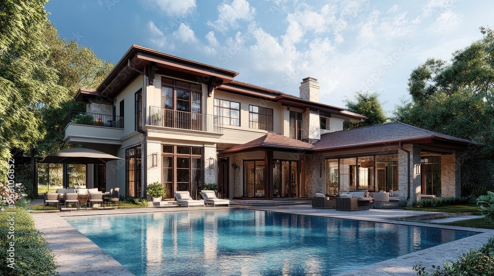 Aufkleber digital rendering of a luxurious house with a front-facing swimming pool, set against a realistic ba
