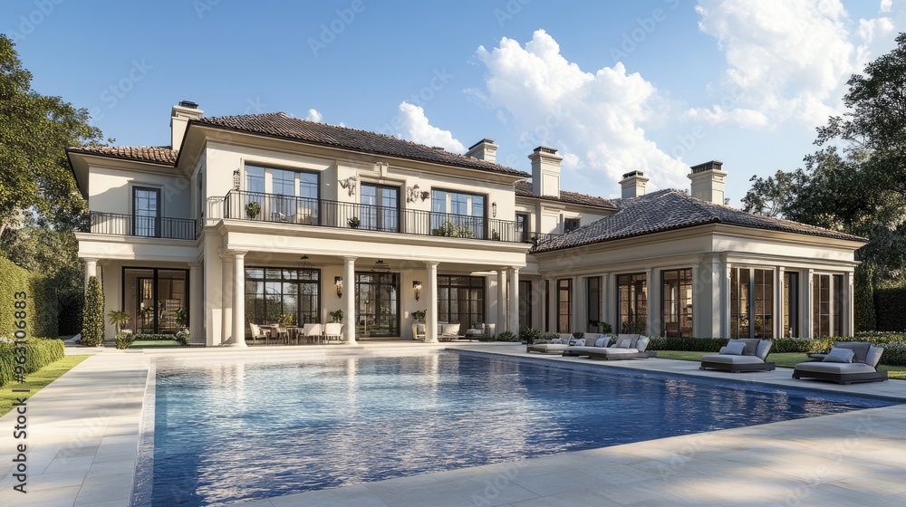 Poster digital rendering of a luxurious house with a front-facing swimming pool, set against a realistic ba