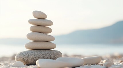 Stacked Zen stones create a peaceful focal point on a beach at sunset, surrounded by a tranquil sea and softened by warm evening light