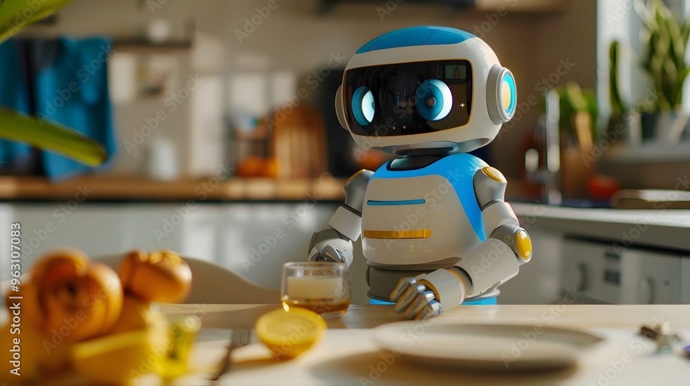 Poster friendly robot assistant helping child with homework at dining table