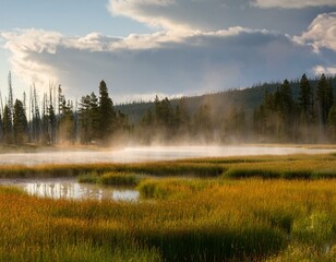 Fototapeta premium Serene Morning Mist in Yellowstone National Park