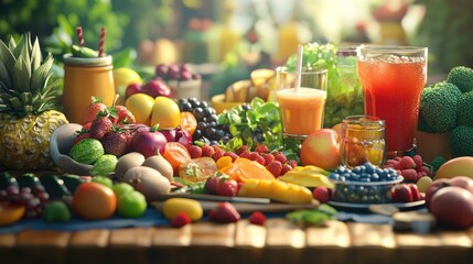 Naklejka premium Digital rendering of a table filled with healthy food and drinks, created with realistic computer graphics and vibrant details