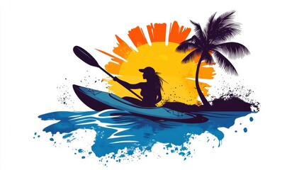 Obraz premium Clip art poster of a person kayaking in tropical hot summer