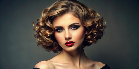 Fototapeta premium With a striking complexion and intriguing gaze, the elegant young woman's curly bob hairstyle adds a playful touch