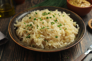 A bowl with traditional German Sauerkraut served in rustic style