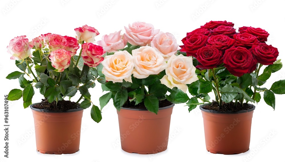Poster full depth of field in clipping path for potted roses- - roses in pots isolated with sharp f (