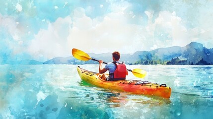 Painting of a person kayaking in tropical sea
