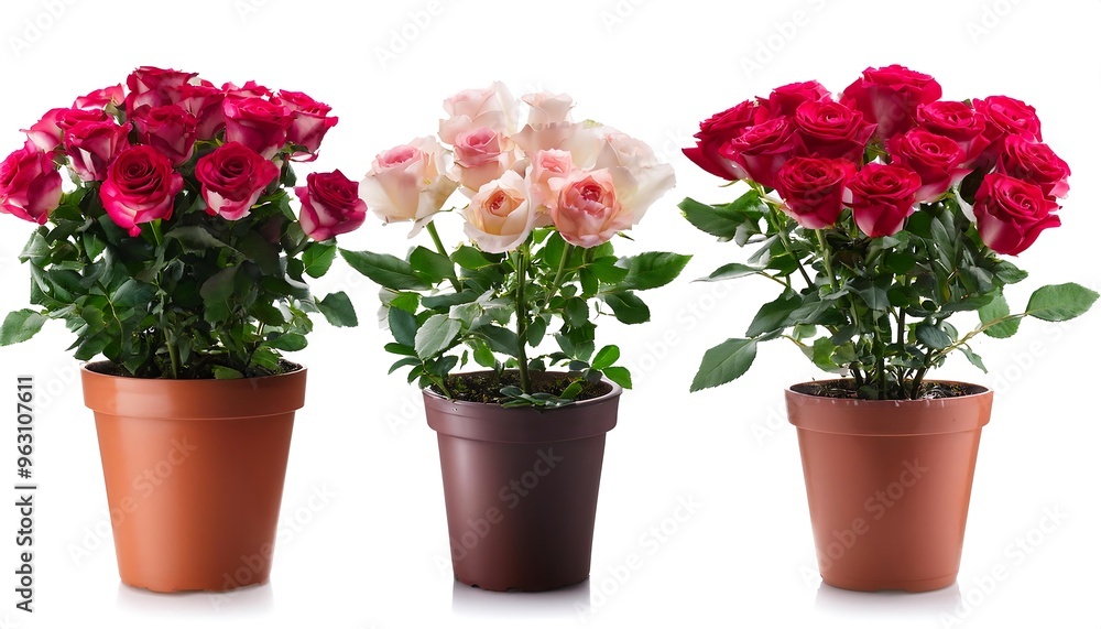 Poster full depth of field in clipping path for potted roses- - roses in pots isolated with sharp f (