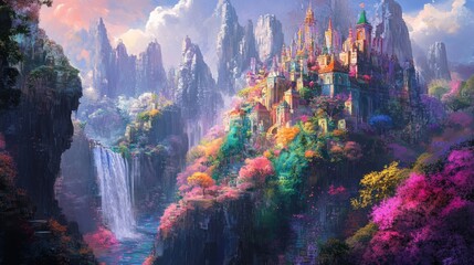 Fototapeta premium Dreamlike world of rainbow-colored buildings, vibrant flowers, and surreal forests blending harmoniously to represent unity and diversity