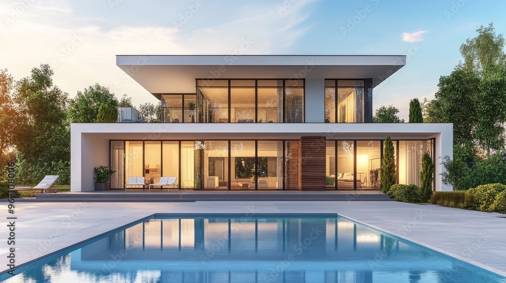 Poster elegant modern house with a swimming pool in front, created with realistic computer graphics in a de