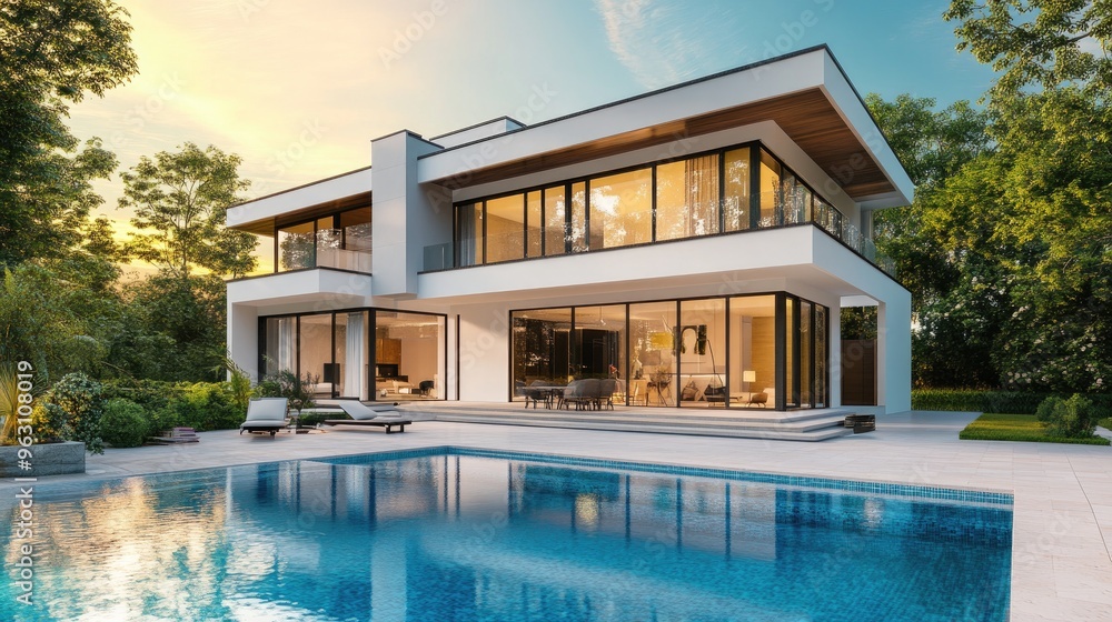 Poster elegant modern house with a swimming pool in front, created with realistic computer graphics in a de