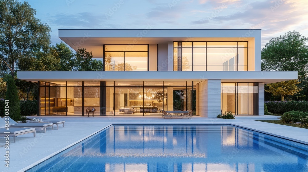 Poster elegant modern house with a swimming pool in front, created with realistic computer graphics in a de
