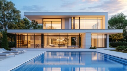 Fototapeta premium Elegant modern house with a swimming pool in front, created with realistic computer graphics in a detailed digital rendering