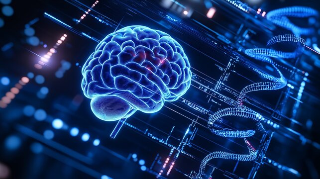 A glowing blue digital brain with digital code and lines.