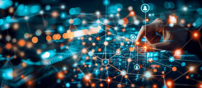 Business marketing theme photo global strategy worldwide network connecting digital data, collaboration and marketing digital technology analytics with overlay elements. Generative AI