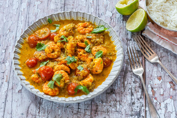 Keralan style prawn, tomato and coconut curry with rice