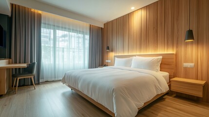 Modern Hotel Bedroom with Wooden Walls and White Bedding