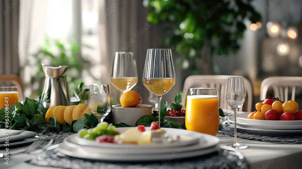 Fototapete elegant table setting with plates of healthy food and beverages, rendered in computer graphics with 