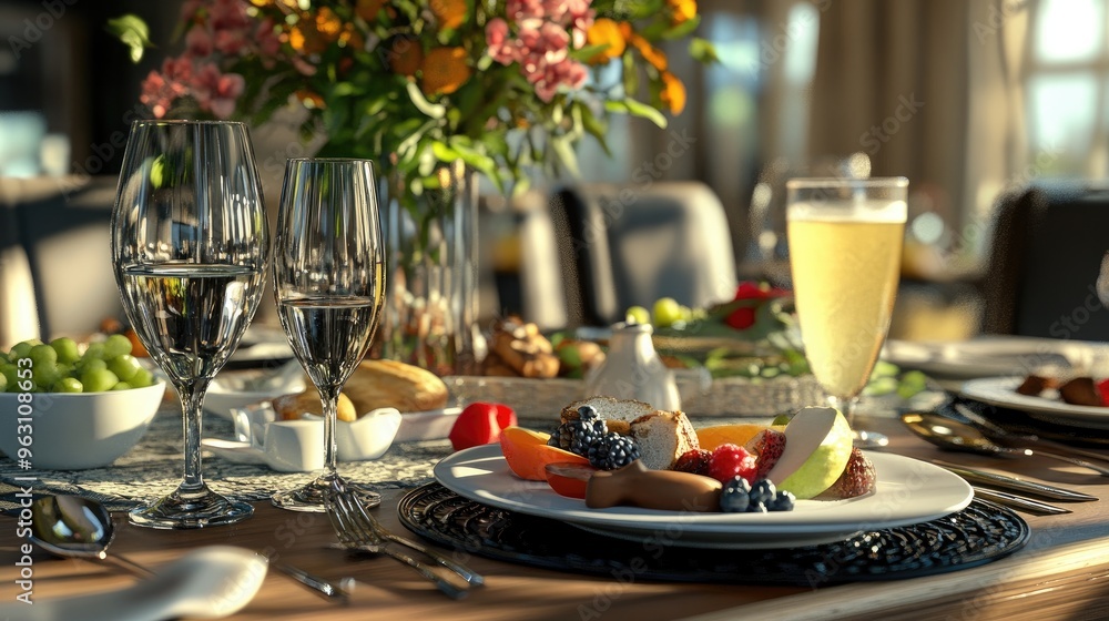Fototapete elegant table setting with plates of healthy food and beverages, rendered in computer graphics with 